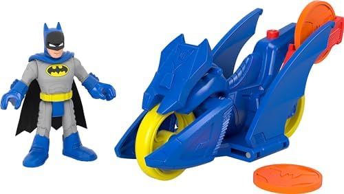 Imaginext Batman on a blue Batcycle with pop-down wings