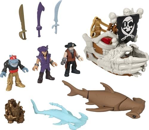 Imaginext Billy Bones skeleton pirate ship with skeleton hands, shark and three pirate figures