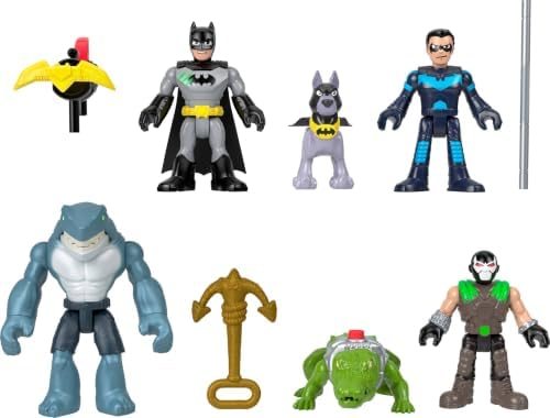 Six Imaginext DC Super Friends figures including Batman, Bane, Nightwing, King Shark and Ace the dog