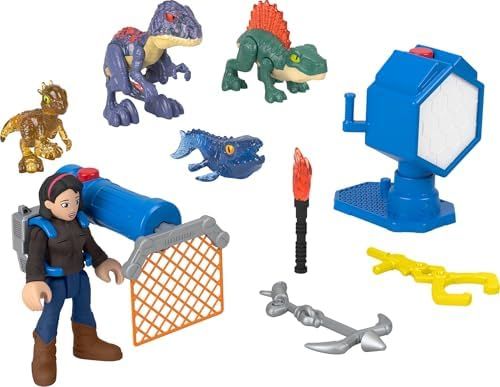 Imaginext Jurassic World Evo-Scanner with four translucent dinosaurs and a figure