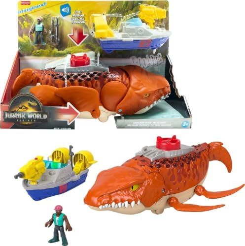 Imaginext Jurassic World Rebirth Mosasaurus with chomping jaw chasing a patrol boat