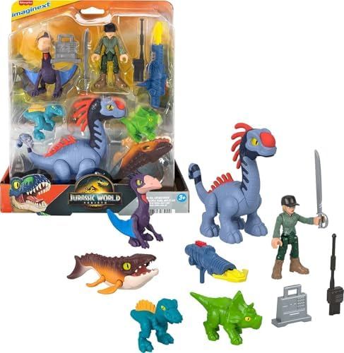 Imaginext Jurassic World Rebirth multipack with a human figure, five dinosaurs and a launcher