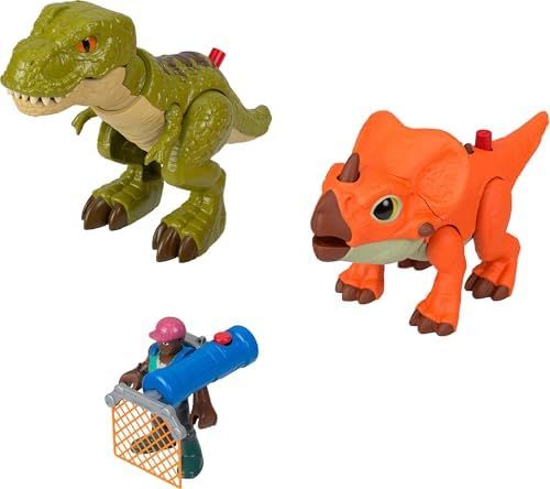 Imaginext Jurassic World Rebirth T. rex and Aquilops with human figure and net launcher